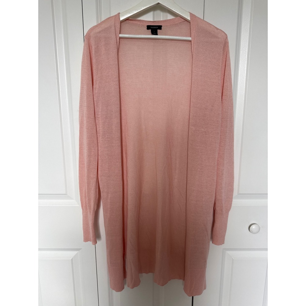 Halogen Women Pink Linen Blend Open Front Longline Cardigan Sweater Size S